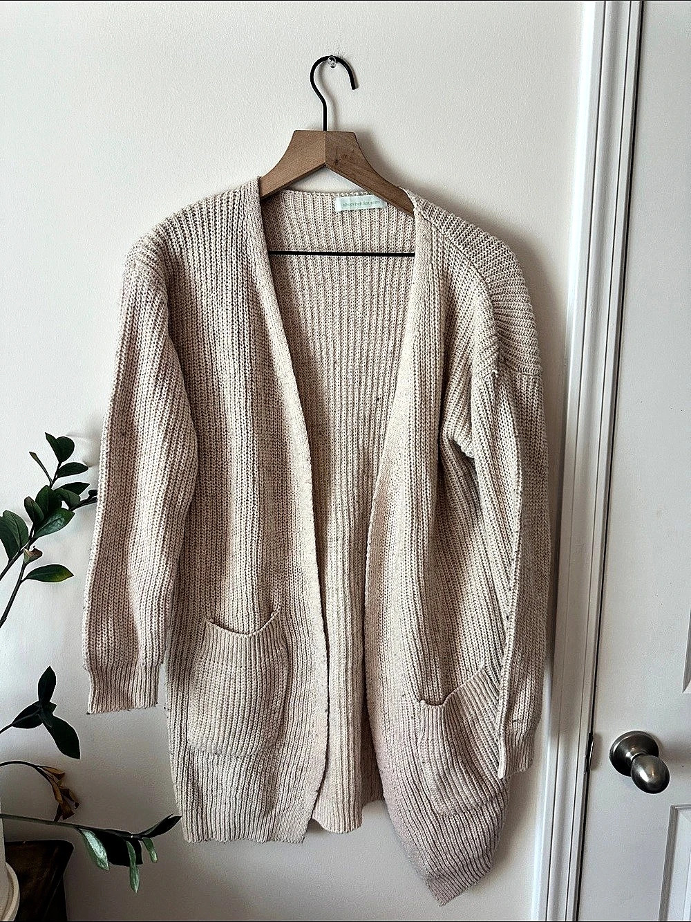 Boutique Open Front Knit Cardigan in Beige